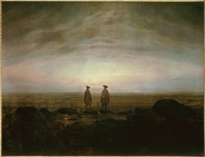 Dos hombres en el mar al amanecer